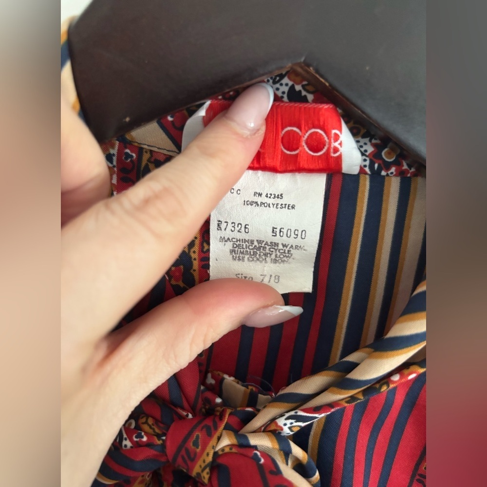 Vintage 70’s Blouse Ditsy Floral Stripes Tie Neck Pussybow Red Cream Navy S​​ - Picture 7 of 9